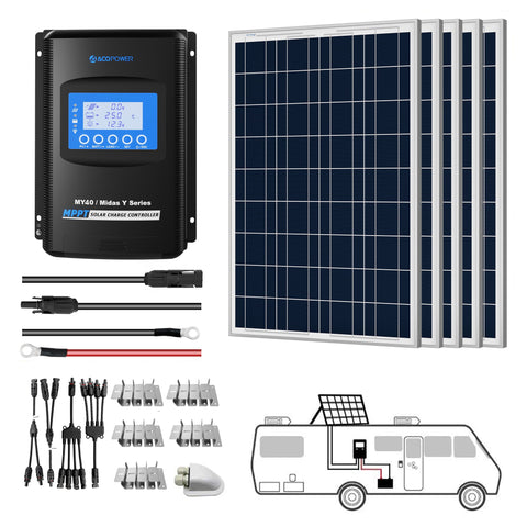 Image of ACOPOWER 500W 12V  Poly Solar RV Kits, 40A MPPT Charge Controller